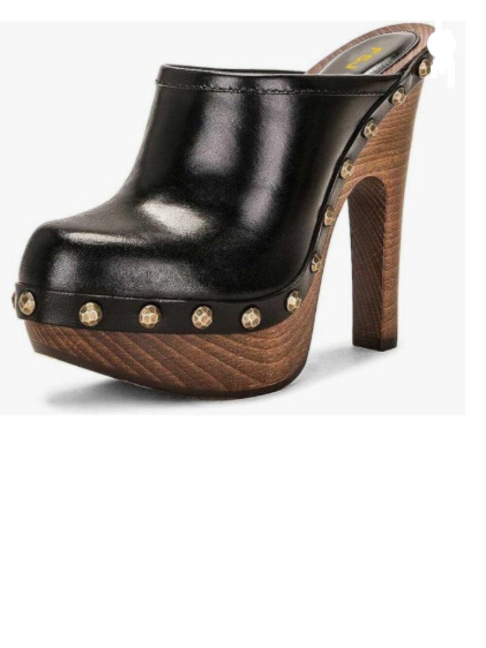 FSJ Black Round Toe Mules Wooden Block High Heel Slip On Studded Platform Clogs